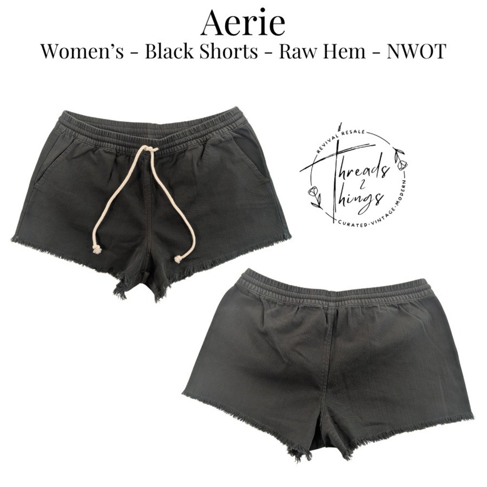 Aerie Womens Shorts Womens Med Black Wash Raw Hem Drawstring Summer Lounge NWOT